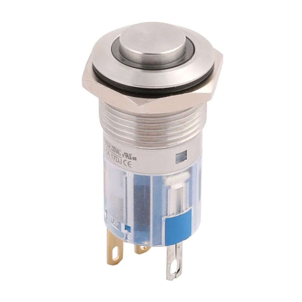 

AC 220V 16mm Mounting Thread Waterproof Press Switch High Round 1NO 1NC SPDT Momentary Metal Push Button Switch Green Light
