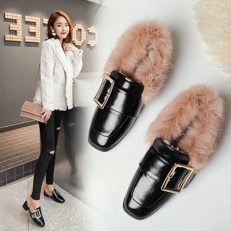 SWYIVY Winter Fur Pumps Woman 2018 Female Casual Shoes Velvet Slip On Cottom Pedal Square Toe Warm Winter Shoes Snowboots Plush