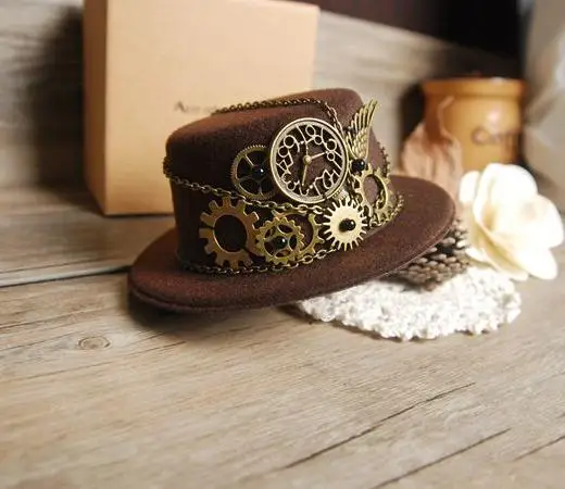 

Retro Steampunk Gear Vintage Mini Top Hat Handmade Brown Hats Party Cos-Play Accessories Vintage