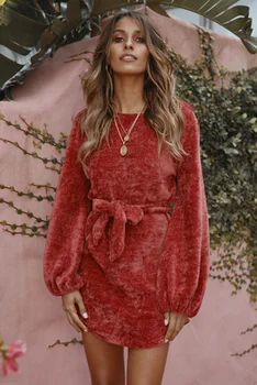 

NiceMix 2019 women christmas red lace-up bow waist knitted sweater mini empire dresses female long sleeve round neck warm dress