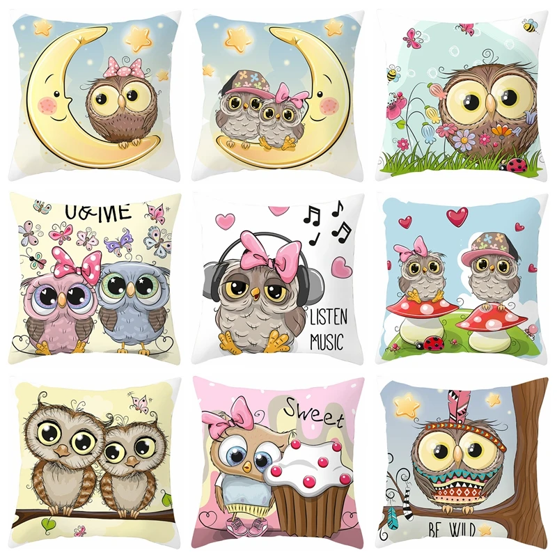 New 45*45cm Cartoon Cushion Cover Owl Family Print Pillow Case Bird Polyester Throw Pillow Cover Decoration For Home Office