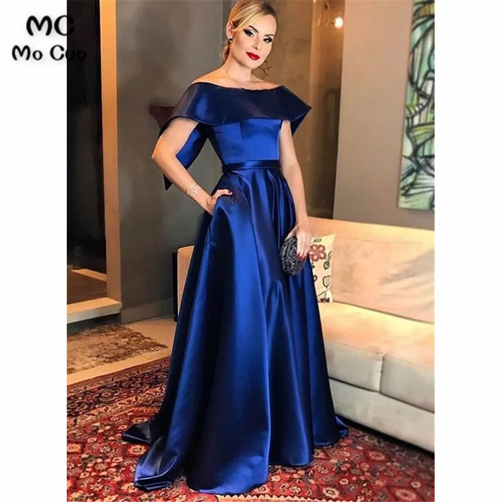 

Navy Blue Off Shoulder Prom Dresses Long with Pockets Short Sleeve Evening Gown wedding Party Dress Prom Dress for women