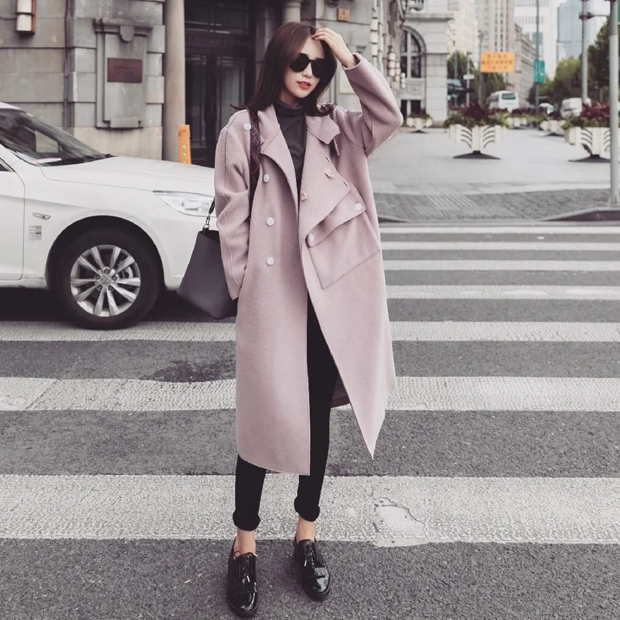 

Sweet Long Wool Blend Ladies Coat Turn-down Collar Women's Jacket Pockets Single Breasted Korean Womens Fashion Coat