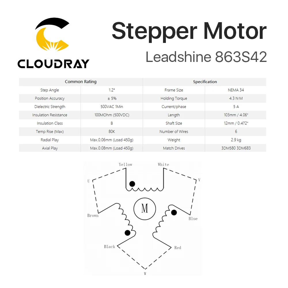 Cloudray Leadshine 3 фазы шагового двигателя 863S42 для NEMA34 4.3A Длина 103 мм вал 12 мм