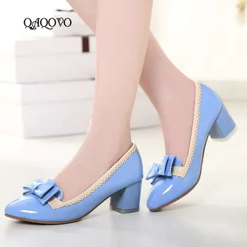 

Sweet Bow Knot Pumps Women Fashion Patent Leather Thick Low Heels Slip On Party Shoes 2019 Size 34-43