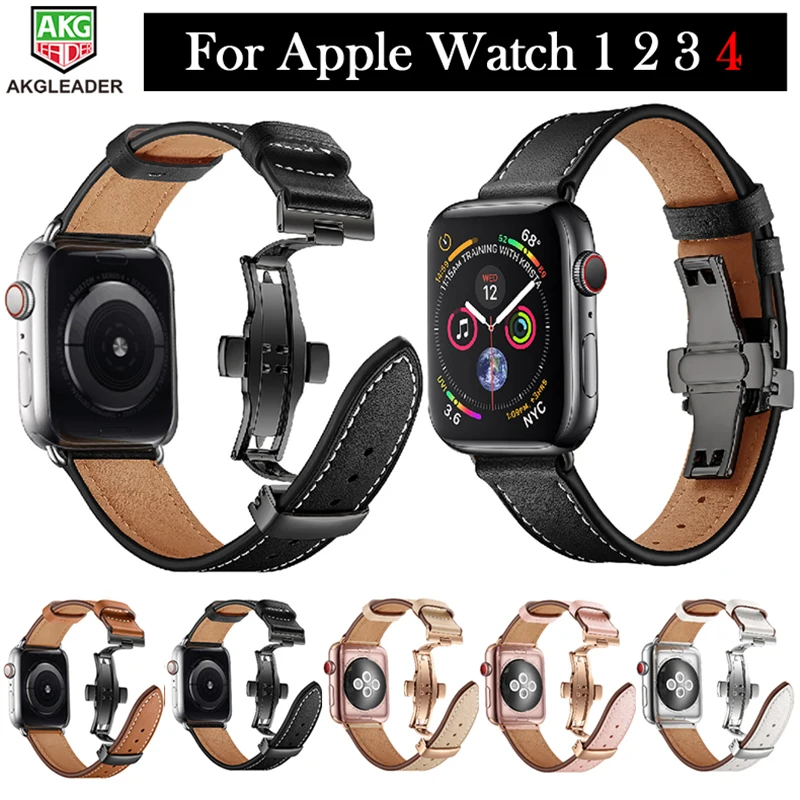Ремешок для часов Apple iWatch из натуральной кожи с пряжкой бабочкой Watch 1 2 3 4 38 мм 42 40 44