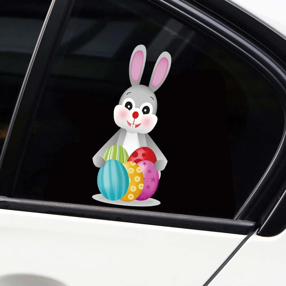 Removable Stickers For Car HAPPY EASTER Bunny and Five Colored Eggs
