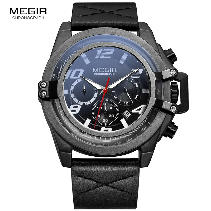 

Megir Chronograph 24-hour Display Quartz Watches for Men Boys Mans Waterproof Leather Band Luminous Wristwatch with Date2052G