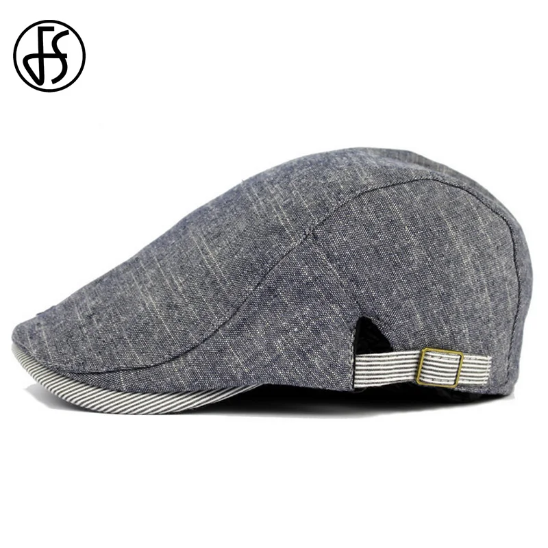 FS Unisex Summer Flat Cap Men Vintage Beret French Cotton Women Berets Hats Casual Gray Blue