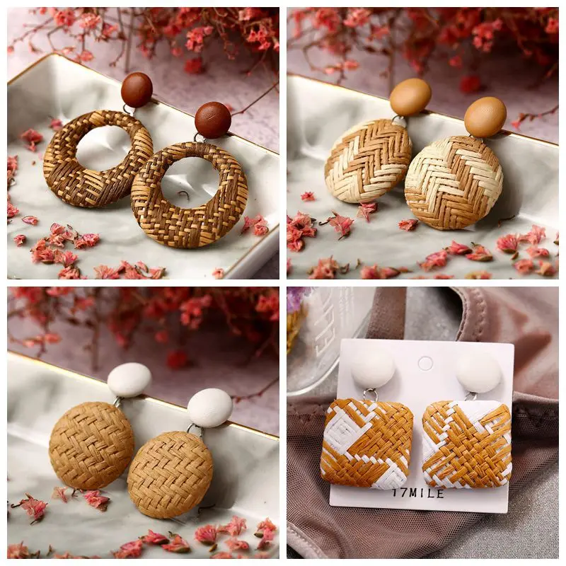 

Vintage Handmade Bohemian Wooden Straw Weave Rattan Geometric Earring For Women Girl Fashion Rattan Straw Weave Earrings Brincos