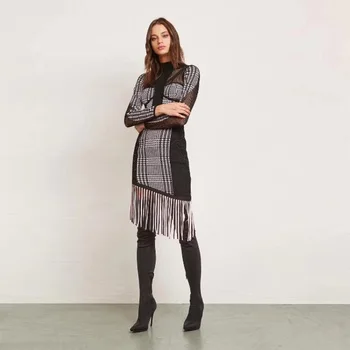 

Top Quality Women Long Sleeve Badnage Dress 2018 Jacquard Stretch Fashion Tassel Bodycon Celebrity Show Party Dress Dropshipping