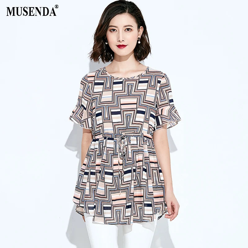 

MUSENDA Plus Size Women Chiffon Print Drawstring Waist Blouse 2018 Summer Female Ladies Casual Fashion Street Beach Shirt Tops