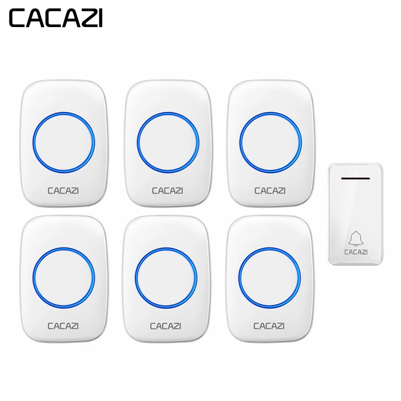 

CACAZI Wireless Waterproof Doorbell Self-powered 1 Button 6 Receiver No battery US EU Plug LED light 36 Chimes Door ring bell