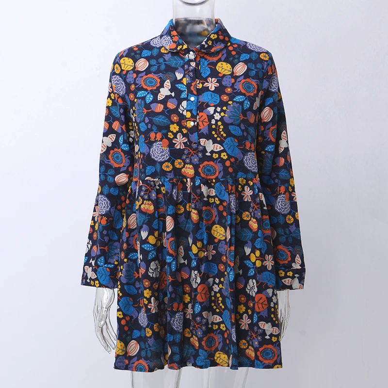 Ceny Plus rozmiar Vintage, kobiety, jesień, sukienka, Casual, długi guzik na rękawie, kwiatowy, drukowany, klapa, plisowany, dół, kołnierz, sukienka koszulowa z guzikami