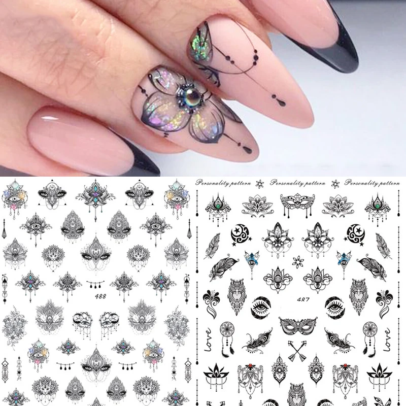 

New arrived 1 sheet Nail Water Decals black Linear Nail Stickers Butterfly Flowers Nail Art Transfer Sticker Decals Slider Z0144