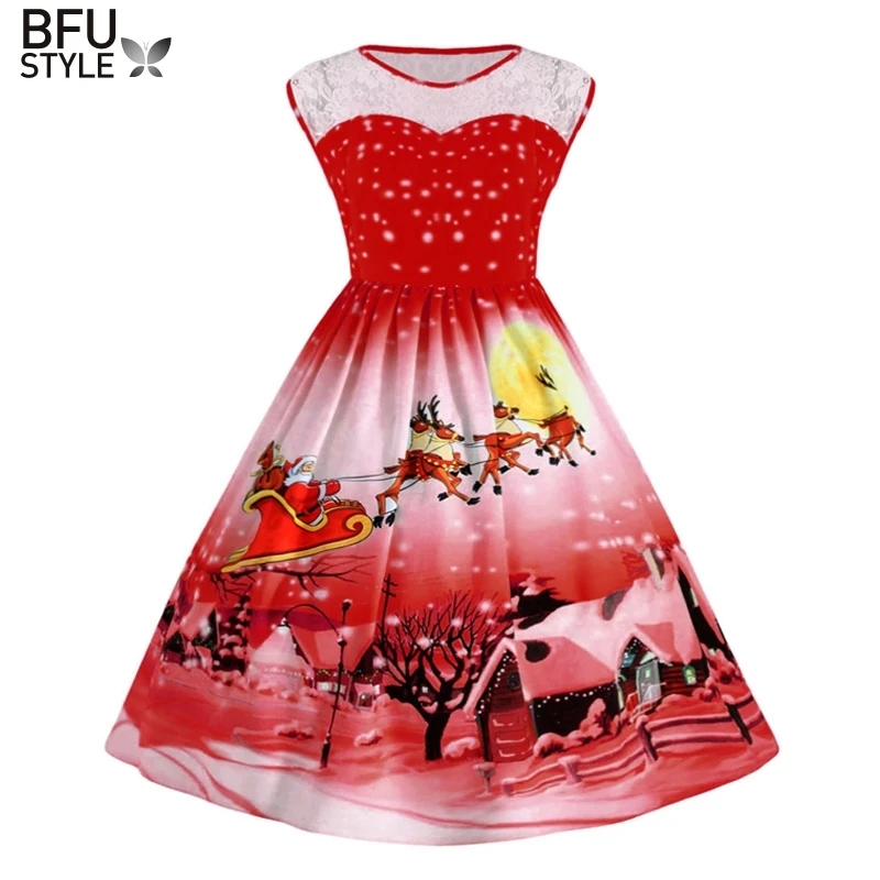 Christmas Lace Insert Sleeveless Party Dress Women 2018 Cute 1950s Autumn Vintage Robes Femme Plus Size XL-XXXL Vestidos | Женская