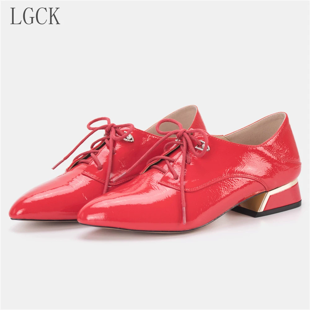 

Plus Size 34-43 Genuine Leather Women Shoes Lace Up Party Wedding Spring Autumn Female Concise Round Toe Women Thick Low Heels