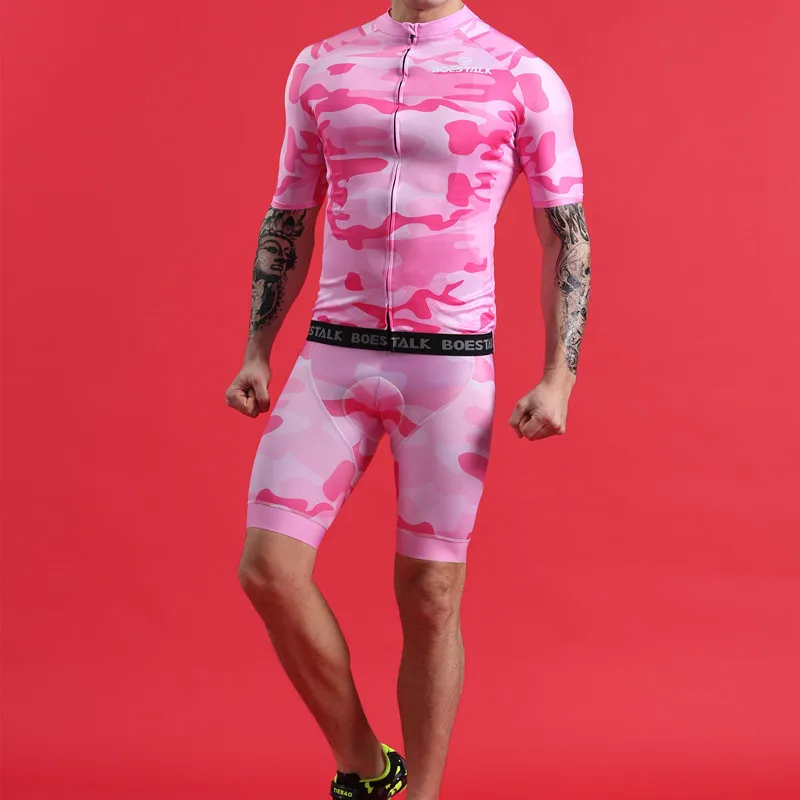 2019 new men short sleeve pink cycling set BOESTALK bicycle jersey+bib shorts pro team triathlon suit bike sports body ciclismo