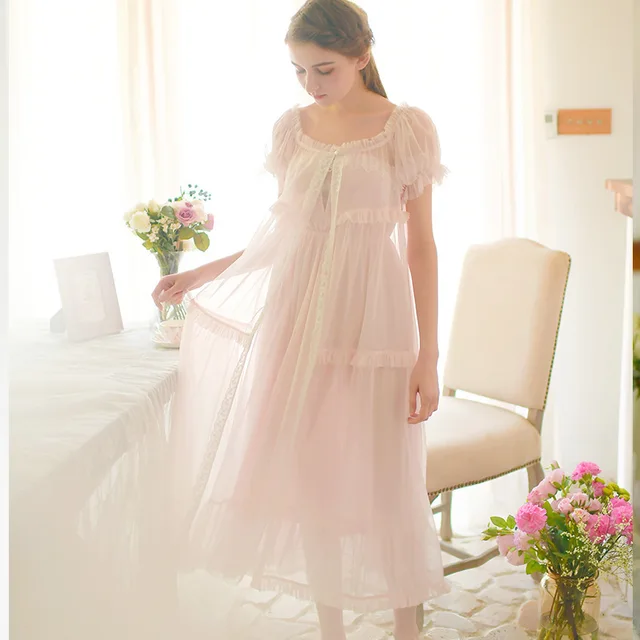 RenYvtil 2018 Summer Nightgown Sexy Lace Robe + Long Dress Cotton Short