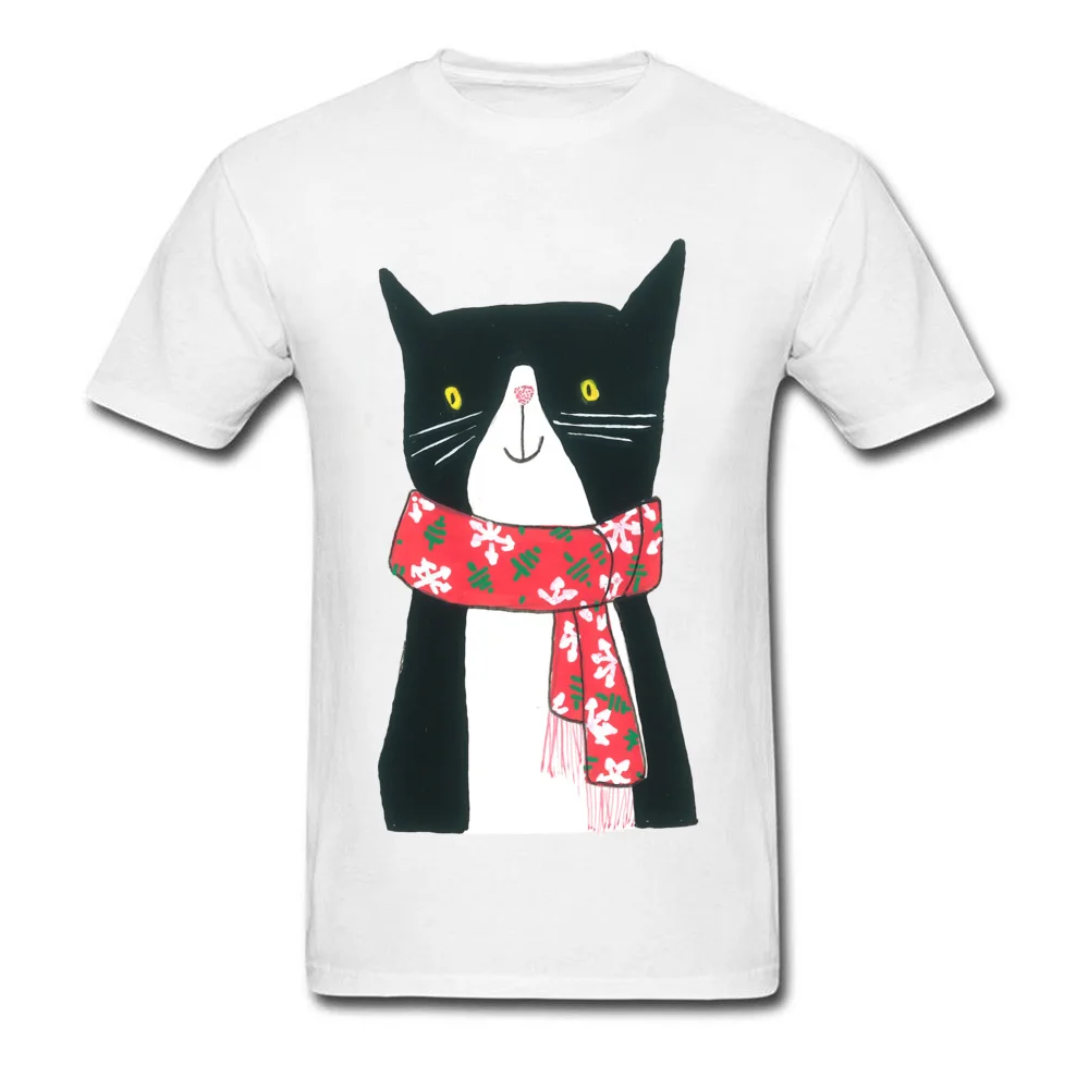 Cat With A Scarf All Cotton Tops Shirt for Men Leisure Top T-shirts Custom Discount O-Neck T-shirts Short Sleeve Cat With A Scarf white