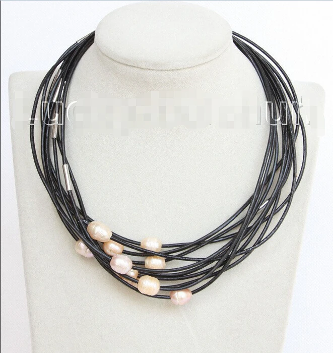 

shipping wholesale 10 piece 11mm pink FW pearls Black leather necklace j10710