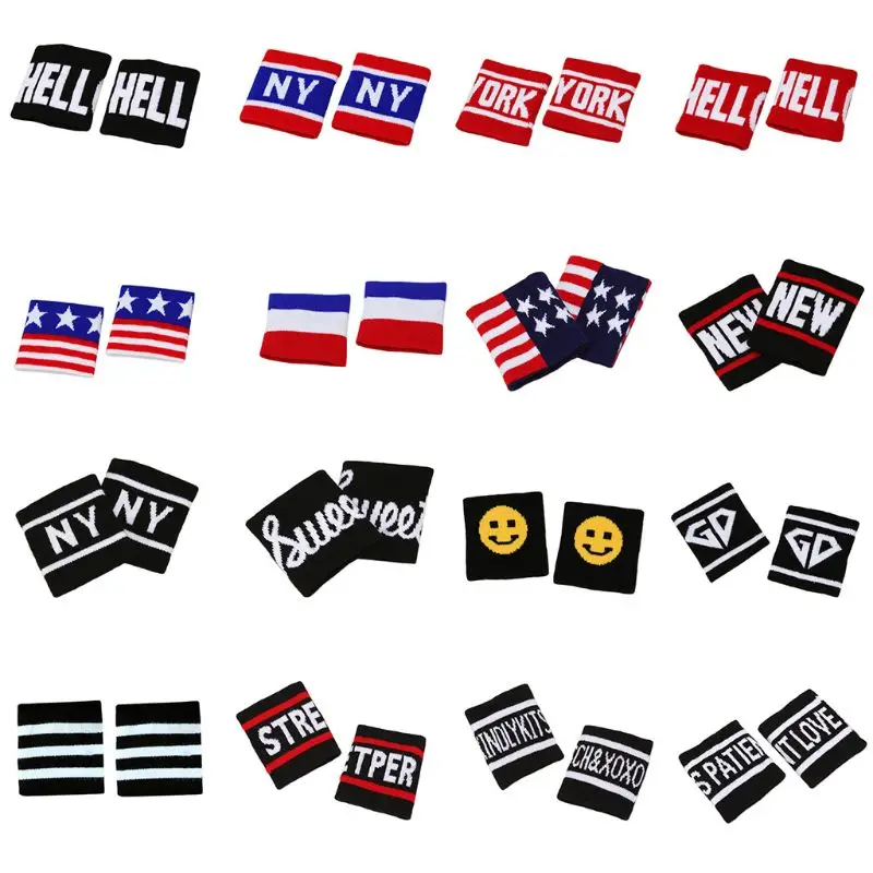 

2Pcs/Pair Adult Kids Running Sports Wristband Sweatband Hip-Hop Letters Colored Striped Dancing Wrist Support Brace Wraps Guards