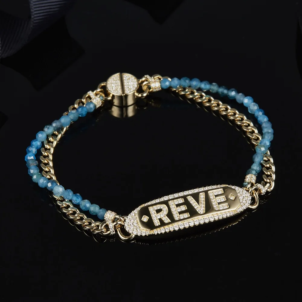 

New Famous S925 Sterling Silver Chain REVE Tag Bracelet Sky Blue Gem Stones Double Layer Macrame Women Bracelet Monaco Jewelry