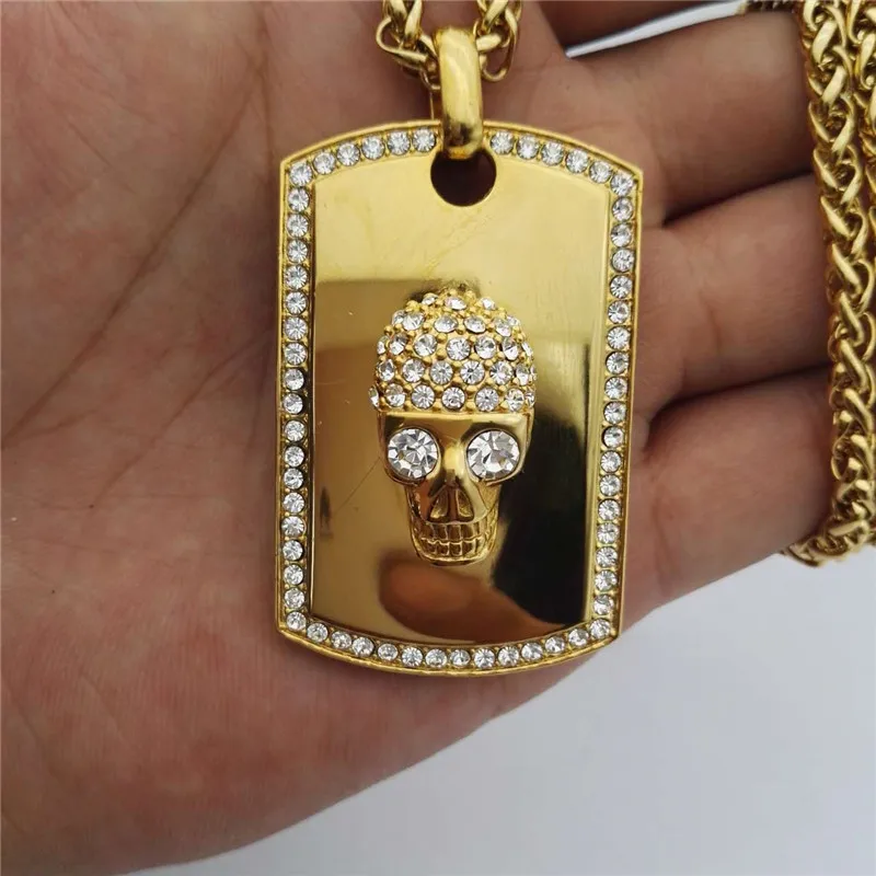 Хип хоп из нержавеющей стали Iced Out Bling Стразы кулон в форме Черепа скелета с цепями