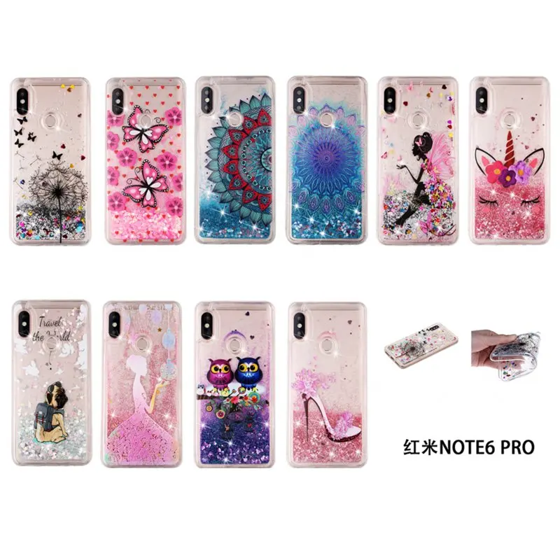Phone Case For Xiaomi Redmi Note 6 Pro Protective Shell Glitter Shine Quicksand Shockproof Transparent Cute Back Cover Soft TPU |