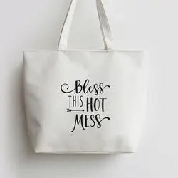 Красивые Blessed фразу Благослови этот горячий беспорядок холст сумки сумка для покупок с персонажем из мультфильма школа Бакалея сумка GA009 GA014