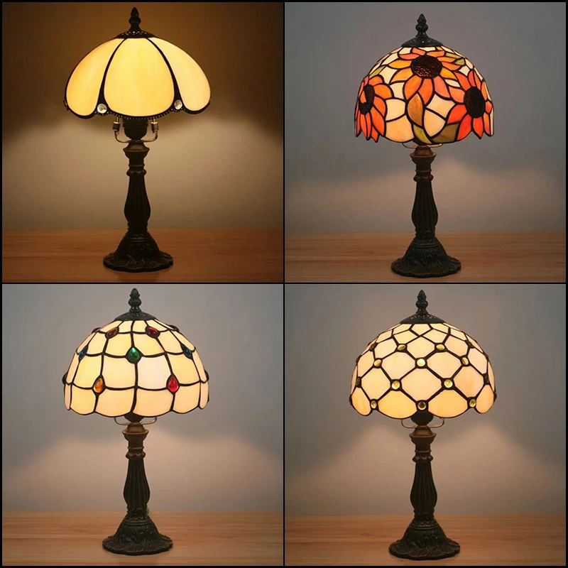 WOERFU Tiffany Table Lamp 20cm Resin Base E27 Bedroom Bedside Lamp