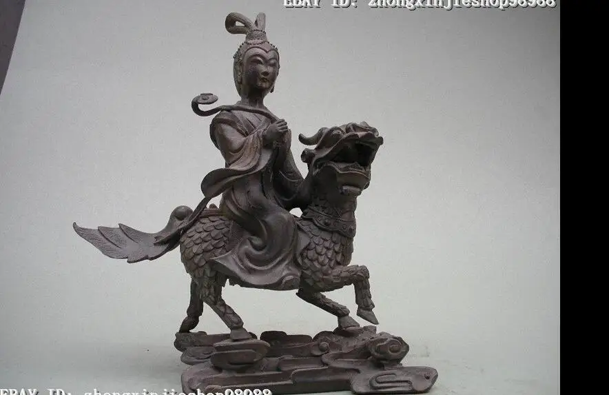 

Tibet Absolute pure bronze Kwan-yin Goddess Riding Dragon kylin Buddha Statue