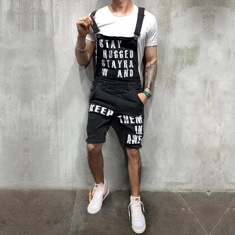 2019 New Fashion Men s Ripped Jeans Jumpsuits Shorts Summer Hi Street Distressed Denim Bib Overalls 5