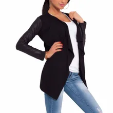 Spring Women PU Leather Sleeve Irregular Sweater Cardigan Casual Knit Coat YD96