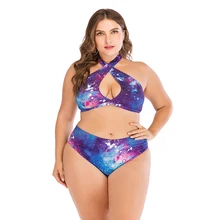 Женский купальник с завышенной талией, большие размеры, звездное небо, комплект бикини, крест-накрест, купальный костюм с пуш-ап, купальный костюм из двух предметов, XL 2XL 5XL