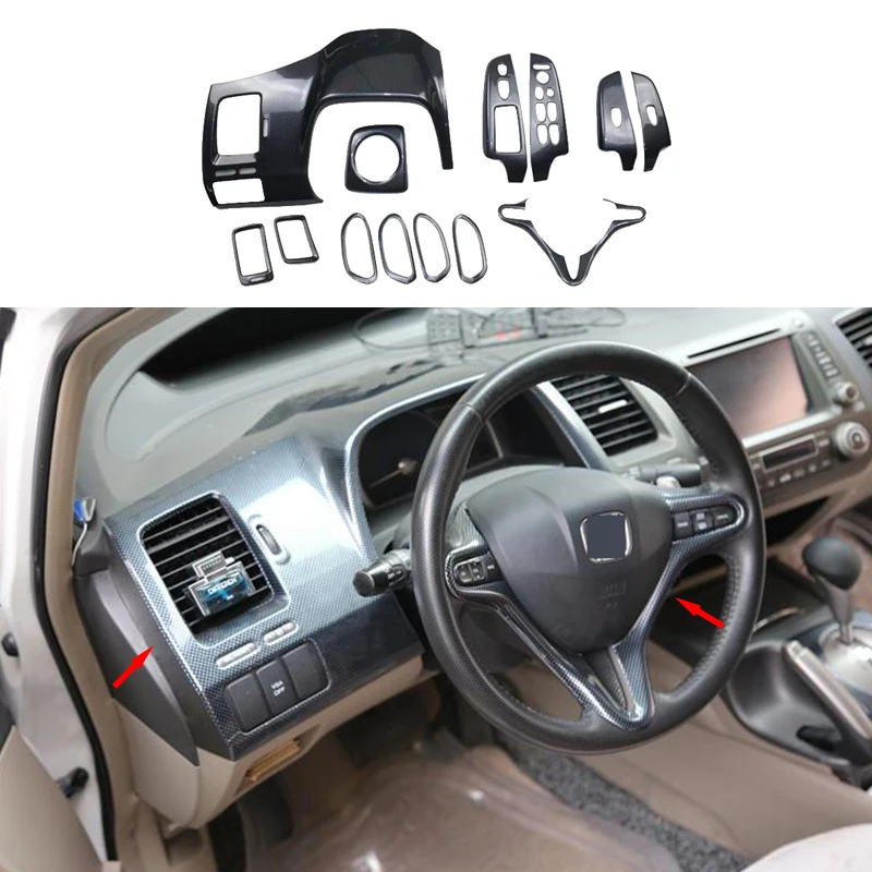 13x Carbon Fiber Color Inner Dash Trims Kit Full Cover For Honda Civic 09 11 ATin Interior