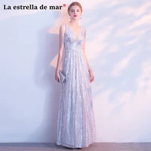 Gaun pesta dewasa new sexy V neck A Line silver sequins wedding guest dress cheap vestido de festa longo custom