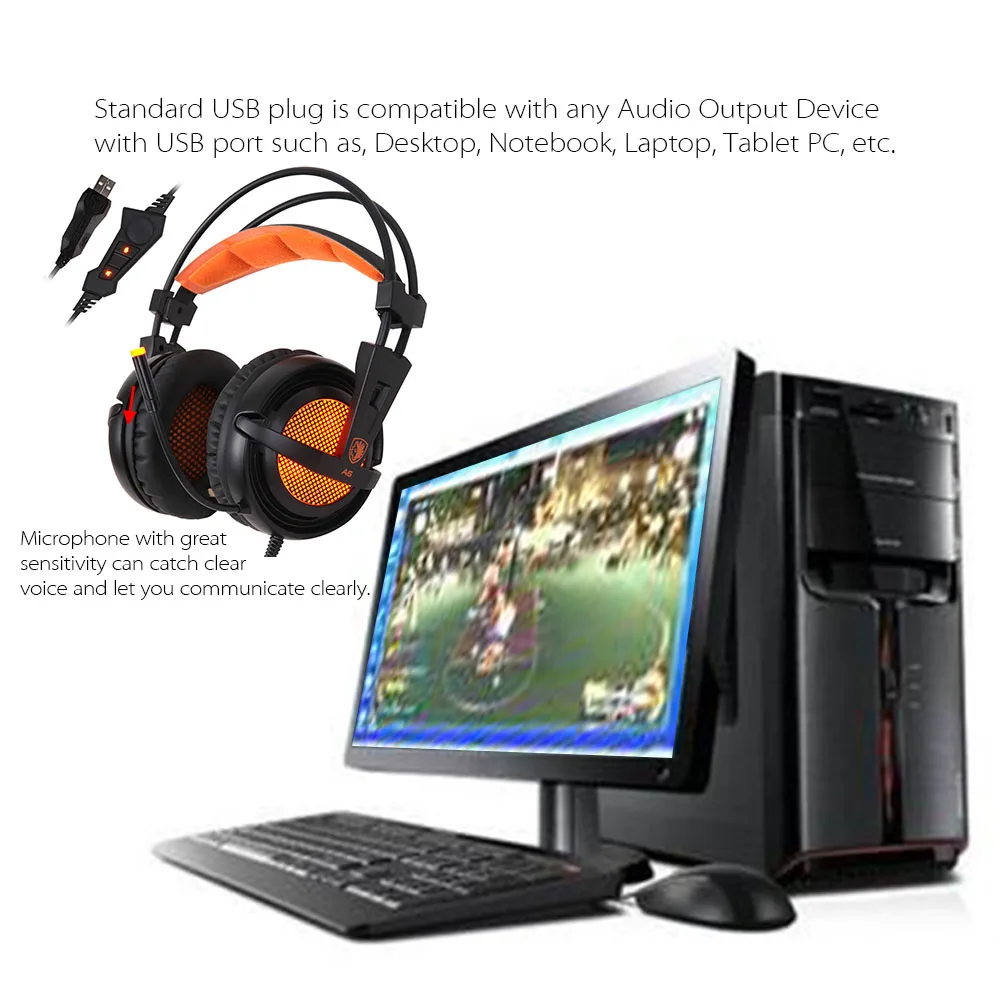 Sades A6, USB 7,1, объемный звук, USB, стерео, игровые наушники, над ухом, шумоизоляция, дышащий светодиодный свет, гарнитура для PC Gamer