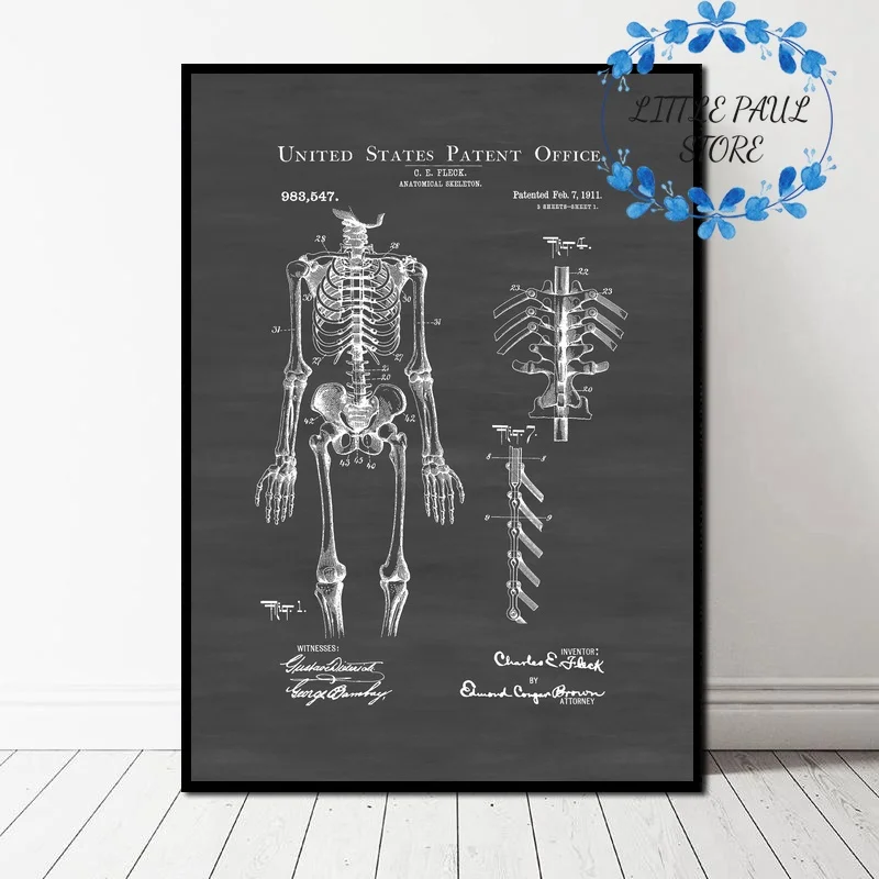 

Human Anatomical Skeleton Patent Medical Art Canvas Poster Wall Picture for Living Room No Frame
