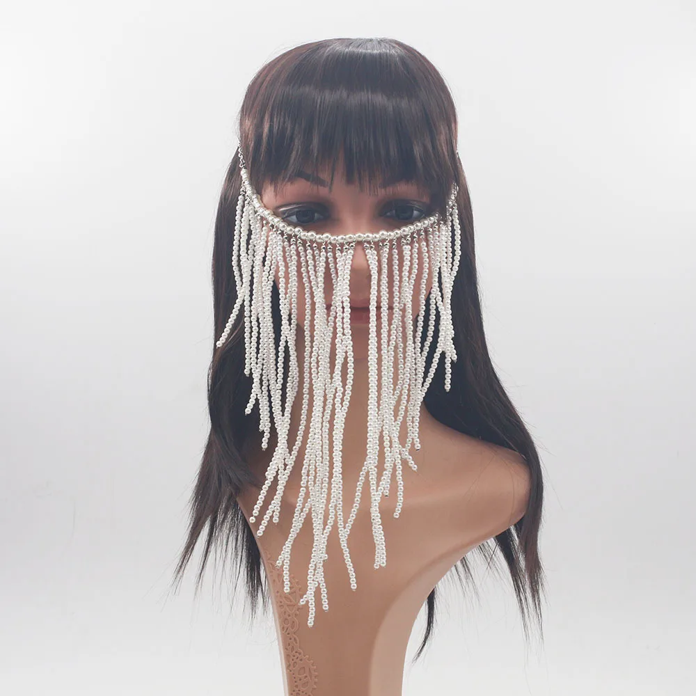 

Wholesale White Pearl Facemask Chain Women Silver Mask Chain Face Cover Tassel Head Chain Face Veil Harness Jewelry Headdress
