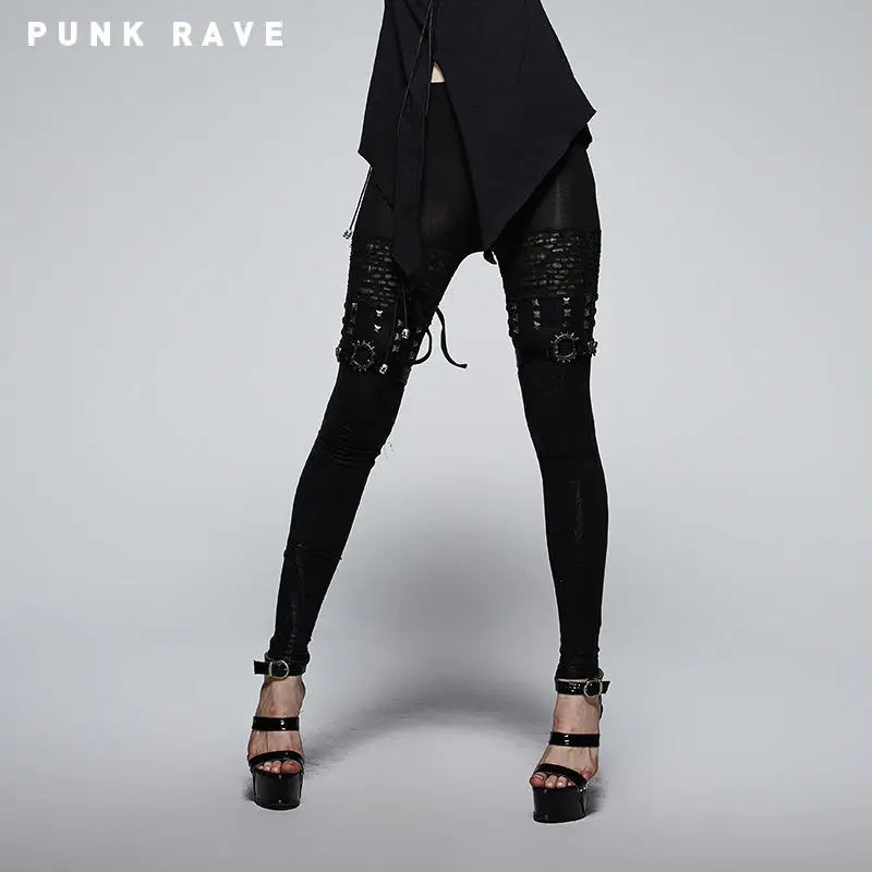 

PUNK RAVE Punk Rock Women Novelty Pants Gothic Style Rivet Decoration Women Pencil Pants Casual Streetwear Sexy Leggings