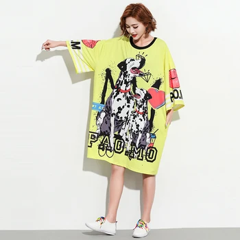 

Real shot 2019 summer new tide brand printing short-sleeved dress cartoon spotted dog casual loose T-shirt skirt female