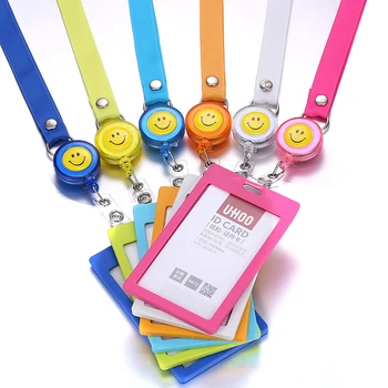 

10pcs/lot Smile Face Retractable Badge Reel Neck Lanyard ID Business Exhibition Card Badge Holder Vertical Office Supplies