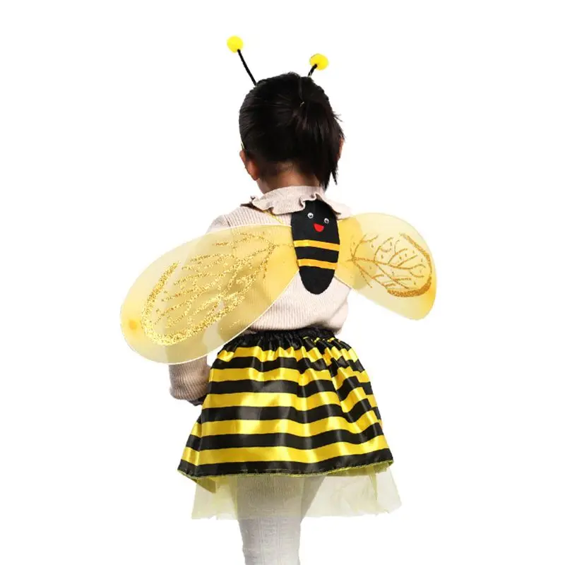 

4Pcs/Set Kid Fairy Costume Set Ladybird Bee Glitter Cute Wing Striped Layered Tutu Skirt Wand Headband Dress Up Halloween Outfi