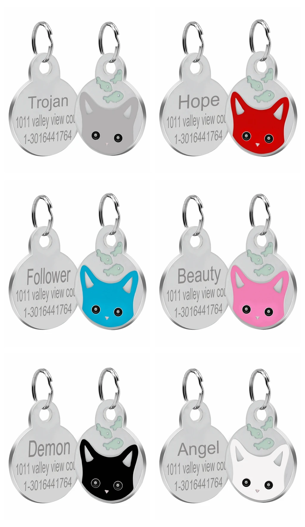 Loverly Anti-lost Stainless Steel Personalized Round Dog Tag Custom Cat Engraved Name Tags Cute Kitten Face ID Tags