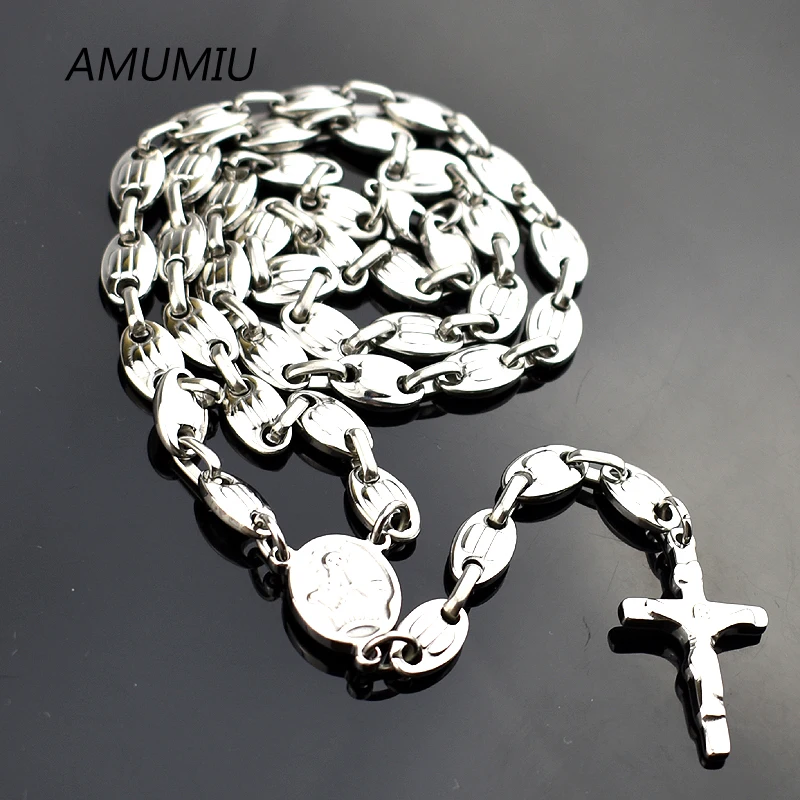 AMUMIU 6 мм, рождественское религиозное ювелирное изделие католическое, ожерелье из нержавеющей стали крест для мужчин ожерелье-четки из бусин HN088