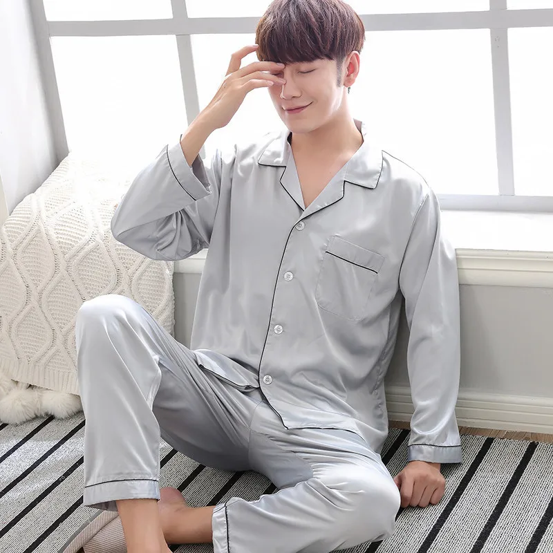 Pyjama Satin Мужская пижама Solid Two-Piece Sleep Silk Sleepwear для мужчин костюм осень с длинным рукавом Pijama Man летняя домашняя одежда - Цвет: silver men pajama