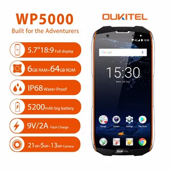 

Oukitel WP5000 Smartphone IP68 Waterproof 18:9 16MP+8MP 6GB RAM 64GB ROM 5.7 Inch Octa Core Helio P25 9V2A 4G Mobile Phones