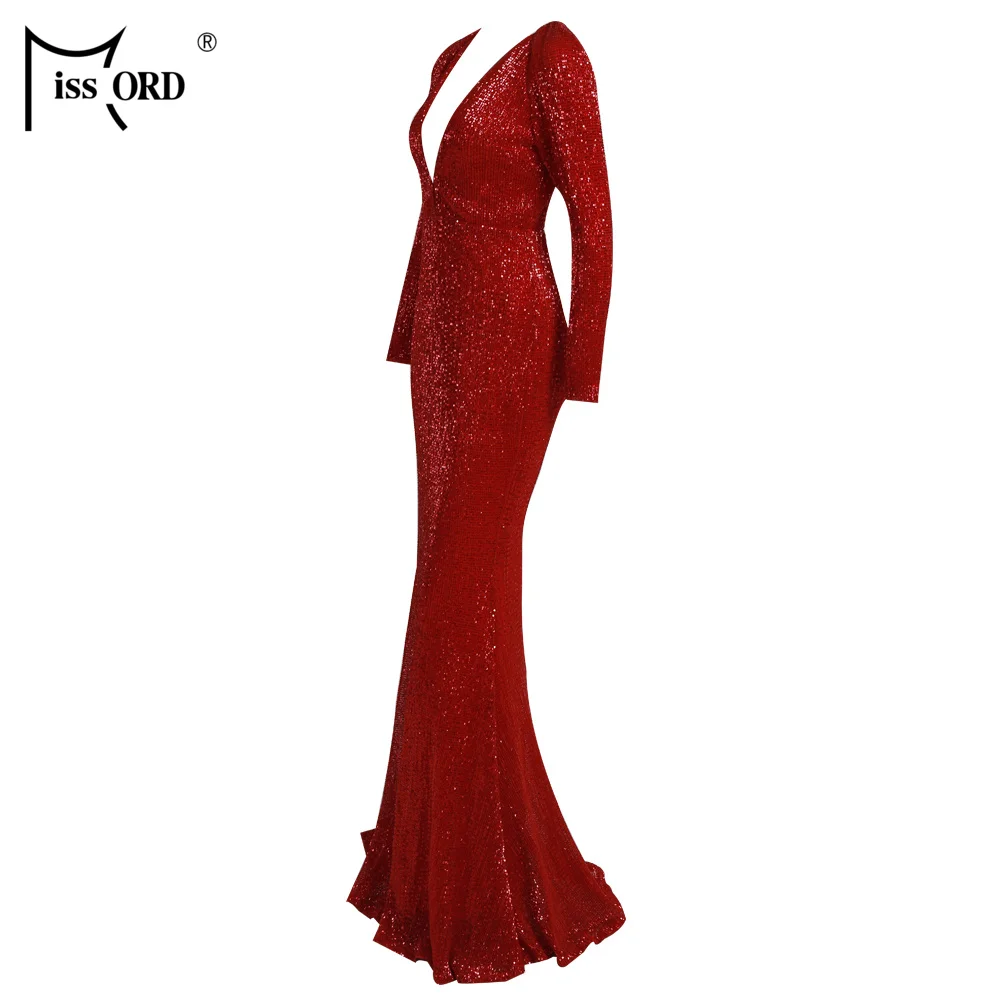 Missord Women Sexy Deep-V Long Sleeve Reflective Dresses Female Solid Color Sequin Maxi Party Dress Vestdios FT18861-1