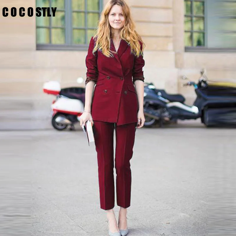 

Work Pant Suits OL 2 Piece Sets Double Breasted Striped Blazer Jacket & Zipper Trousers Suit For Women Outfits Feminino